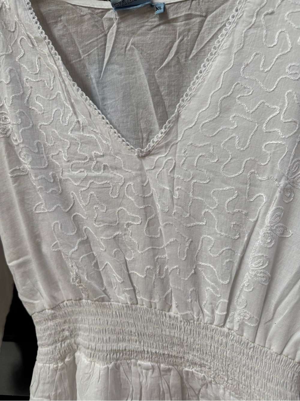 White Cotton V-Neck Embroidered Smocked Waist Sundress - Picture 3 of 7